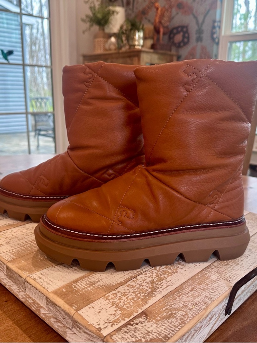 Tory Burch Quilted Mid-Calf Boots in Cognac